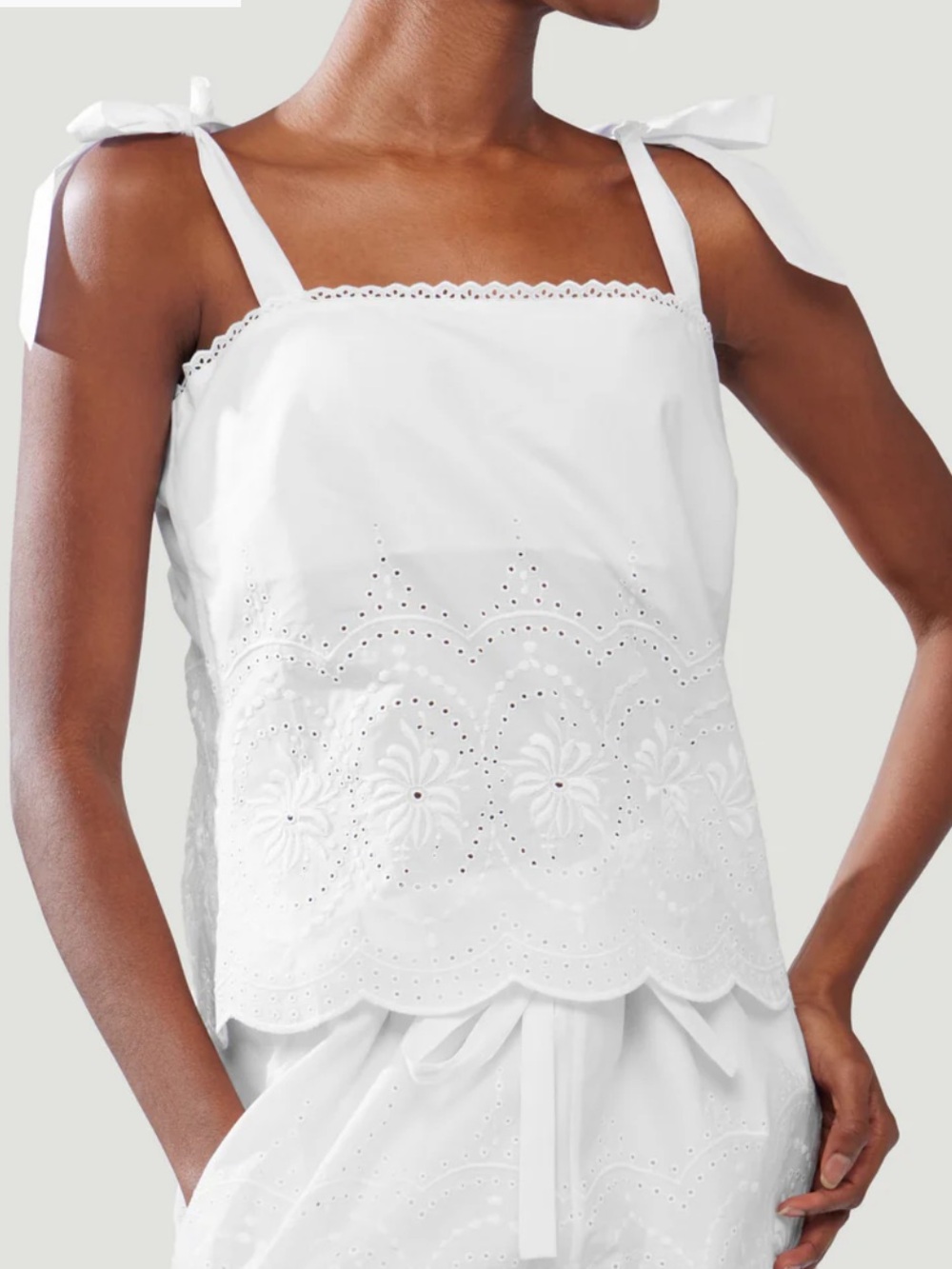 Loretta Caponi Donata White Cotton Embroidered Eyelet Tie-Shoulder Tank Top - Picture 4 of 11
